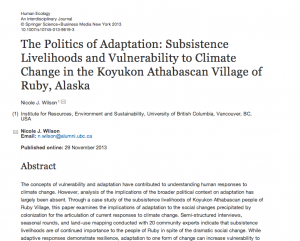 New Publication: The Politics of Adaptation: Subsistence Livelihoods and Vulnerability to Climate Change in the Koyukon Athabascan Village of Ruby, Alaska