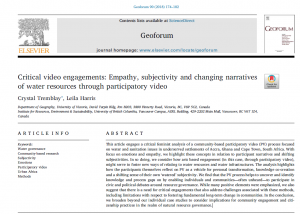 NEW PUBLICATION: TREMBLAY & HARRIS: CRITICAL VIDEO ENGAGEMENTS: EMPATHY, SUBJECTIVITY AND CHANGING NARRATIVES OF WATER RESOURCES THROUGH PARTICIPATORY VIDEO (FREE UNTIL APR 22)