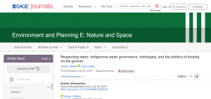 NEW PUBLICATION: WILSON AND INKSTER: Respecting water: Indigenous water governance, ontologies, and the politics of kinship on the ground