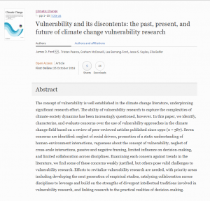 NEW PUB: Ford et al.: Vulnerability and its discontents: the past, present, and future of climate change vulnerability research